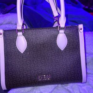 Guess Brown and Cream Satchel Bag with Structured Design